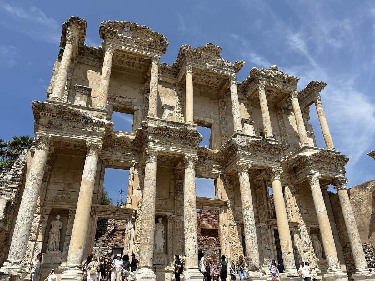 Iconic twin-storey façade of the Library of Celsus at the Ephesus Archaeological Site, Turkish Aegean.